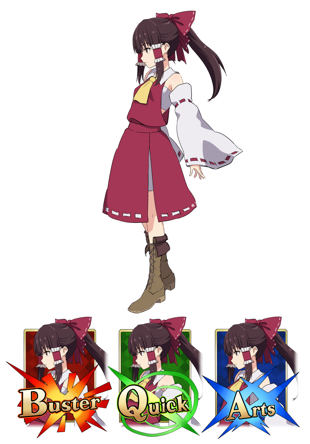 ascot beige_footwear boots bow breasts brown_hair closed_mouth collared_shirt commentary_request cross-laced_footwear detached_sleeves ear eyebrows_visible_through_hair fate/grand_order fate_(series) frilled_hair_tubes from_side full_body gameplay_mechanics hair_bow hair_tubes hakurei_reimu highres leon_(mikiri_hassha) midriff_peek parody ponytail red_bow red_eyes red_shirt red_skirt ribbon-trimmed_skirt ribbon-trimmed_sleeves ribbon_trim shirt skirt small_breasts solo standing strapless thick_eyebrows touhou transparent_background tubetop upper_body wide_sleeves yellow_neckwear