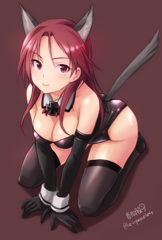 animal_ears arm_support artist_name bangs black_gloves black_legwear black_leotard breasts brown_background cleavage closed_mouth commentary_request detached_collar dog_ears dog_tail elbow_gloves eyebrows_visible_through_hair full_body gloves haruhata_mutsuki iron_cross kneeling leotard long_hair looking_at_viewer medium_breasts minna-dietlinde_wilcke red_eyes red_hair shadow signature simple_background smile solo strapless strapless_leotard strike_witches tail thighhighs twitter_username world_witches_series wrist_cuffs