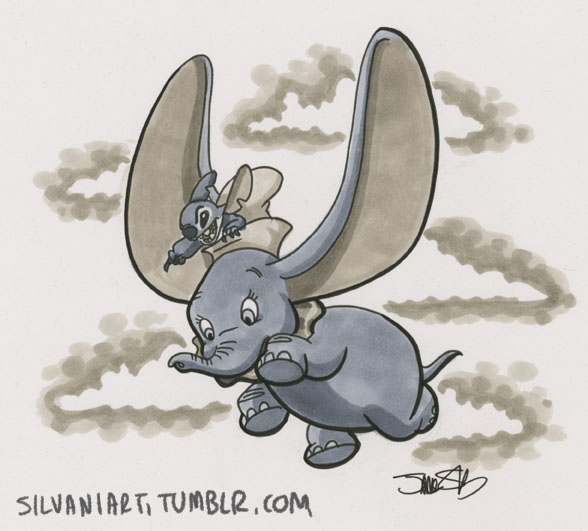 2013 alien big_ears black_eyes claws crossover disney dumbo dumbo_(movie) duo elephant experiment_(species) eyelashes feral flying hat james_silvani lilo_and_stitch looking_down mammal marker_(artwork) mostly_nude notched_ear pointing signature size_difference sky squint stitch traditional_media_(artwork) url