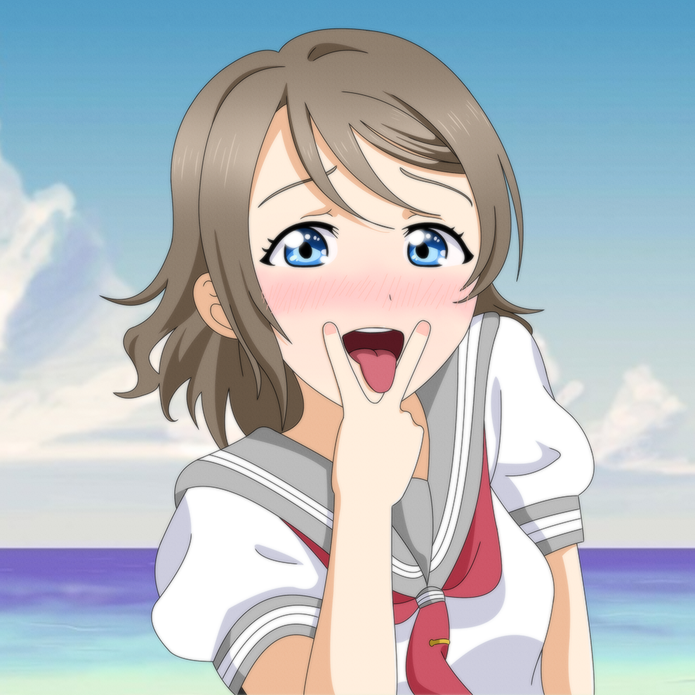 1girl blue_eyes blush brown_hair cloud cloudy_sky hand_gesture looking_at_viewer love_live!_school_idol_project love_live!_sunshine!! neckerchief ocean official_style open_mouth round_teeth sailor_collar school_uniform serafuku sexually_suggestive shirt short_hair short_sleeves showers-u sky solo teeth tongue tongue_out uniform upper_body v watanabe_you