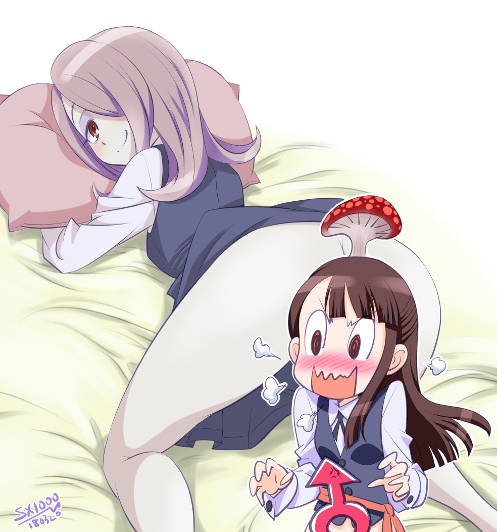 2girls bed bent_over blush breasts brown_eyes brown_hair come_hither excited futanari hair_over_one_eye kagari_atsuko kamirenjaku_sanpei little_witch_academia mars_symbol multiple_girls mushroom on_bed pillow presenting purple_hair red_eyes saliva small_breasts smile spread_legs sucy_manbavaran