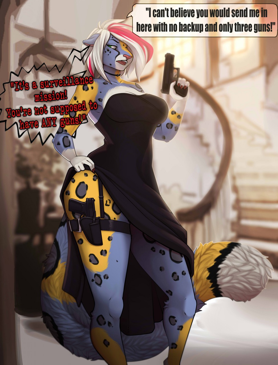 2018 5_fingers anthro breasts clothed clothing digital_media_(artwork) feline female fur green_eyes grey_fur gun hair holding_object holding_weapon leopard mammal open_mouth pink_hair ranged_weapon robyn_paperdoll solo teeth weapon yellow_fur