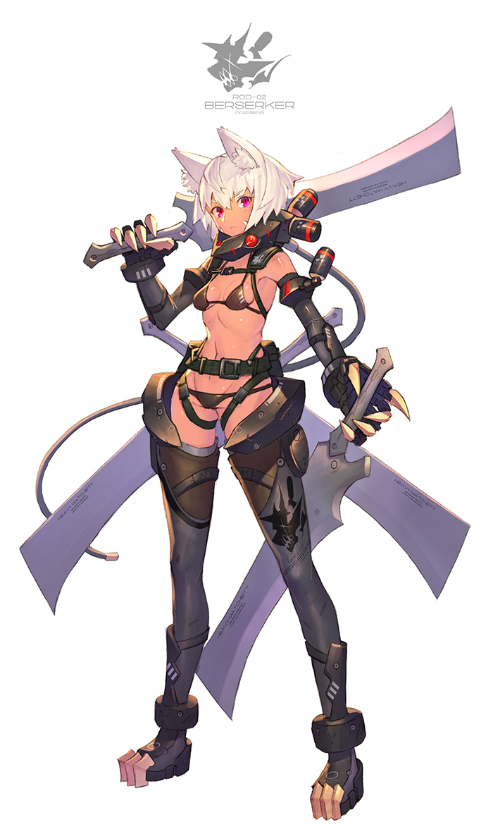 animal_ears bangs belt bikini black_bikini black_footwear black_legwear cat_ears claws closed_mouth commentary_request dual_wielding eyebrows_visible_through_hair full_body holding holding_sword holding_weapon looking_at_viewer mecha_musume nadare-san_(nadare3nwm) original purple_eyes science_fiction short_hair simple_background solo swimsuit sword thighhighs weapon white_background white_hair