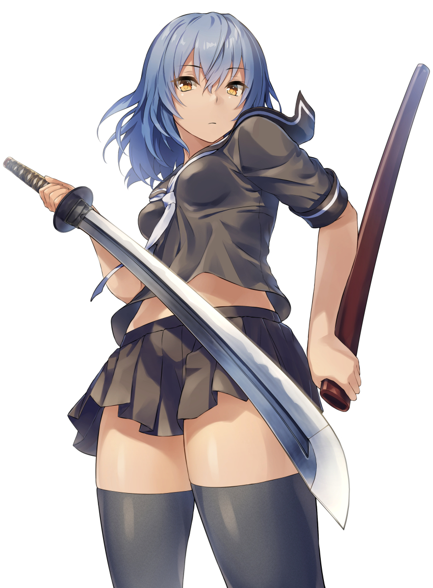 black_legwear black_skirt blue_hair breasts commentary_request eyebrows_visible_through_hair foreshortening hair_between_eyes holding holding_sheath holding_sword holding_weapon katana looking_at_viewer original school_uniform sheath shinon_(tokage_shuryou) short_hair short_sleeves simple_background skirt small_breasts sword thighhighs weapon white_background white_neckwear yellow_eyes zettai_ryouiki