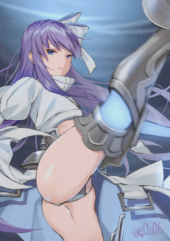 armor armored_boots artist_name blue_eyes boots crotch_plate eyebrows_visible_through_hair fate/extra fate/extra_ccc fate/grand_order fate_(series) hair_ribbon juliet_sleeves leg_up long_hair long_sleeves looking_at_viewer meltlilith puffy_sleeves purple_hair revealing_clothes ribbon smile solo thighs white_coat white_ribbon you06