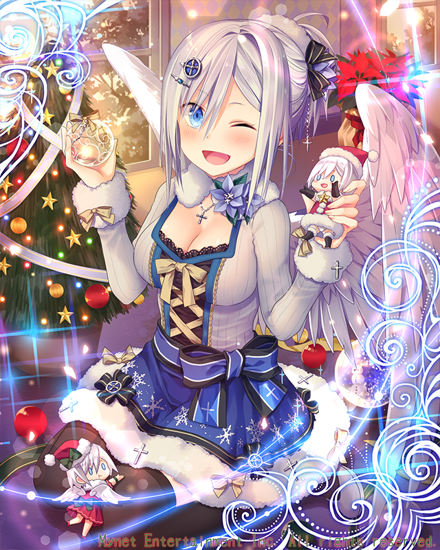 angel_wings black_legwear blue_eyes blush breasts christmas christmas_ornaments christmas_tree cleavage cross cross_necklace eyebrows_visible_through_hair falkyrie_no_monshou hair_ornament hairclip indoors jewelry large_breasts looking_at_viewer natsumekinoko necklace official_art one_eye_closed open_mouth short_hair silver_hair smile solo thighhighs wings