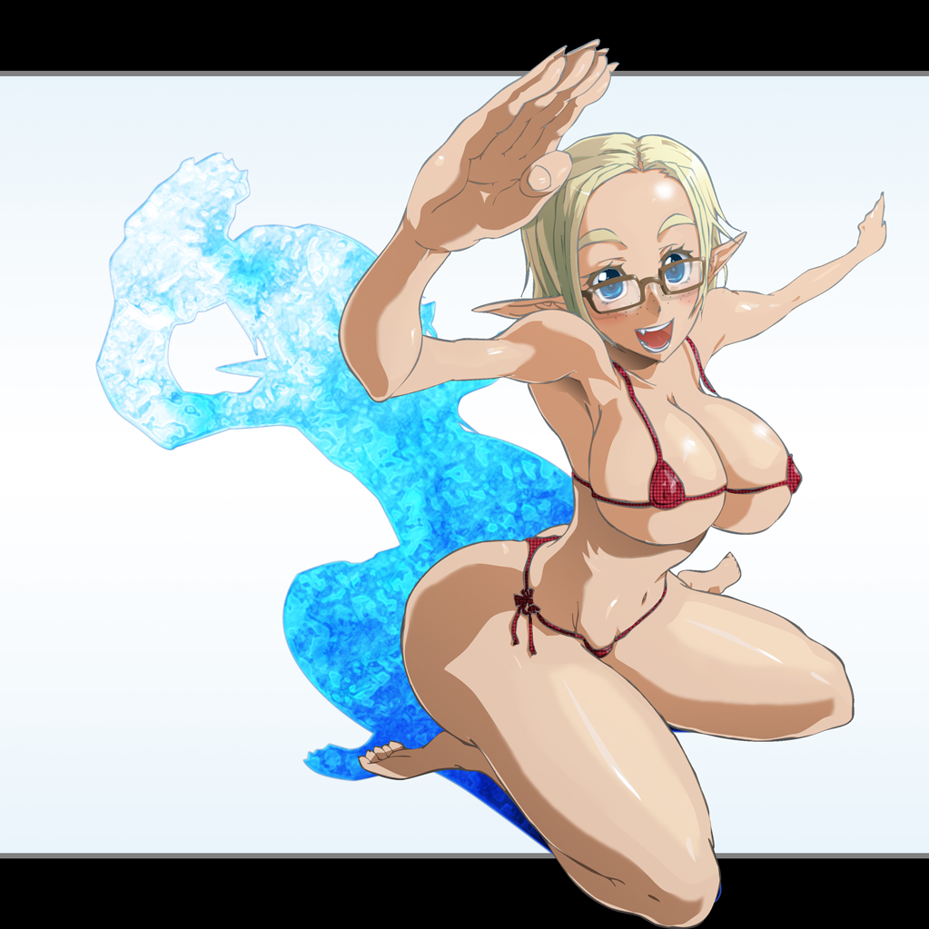 bikini blonde_hair blue_eyes breasts cleavage commentary_request elf fang forehead glasses huge_breasts miyacchi_(tatakituke) original pointy_ears short_hair solo swimsuit thong