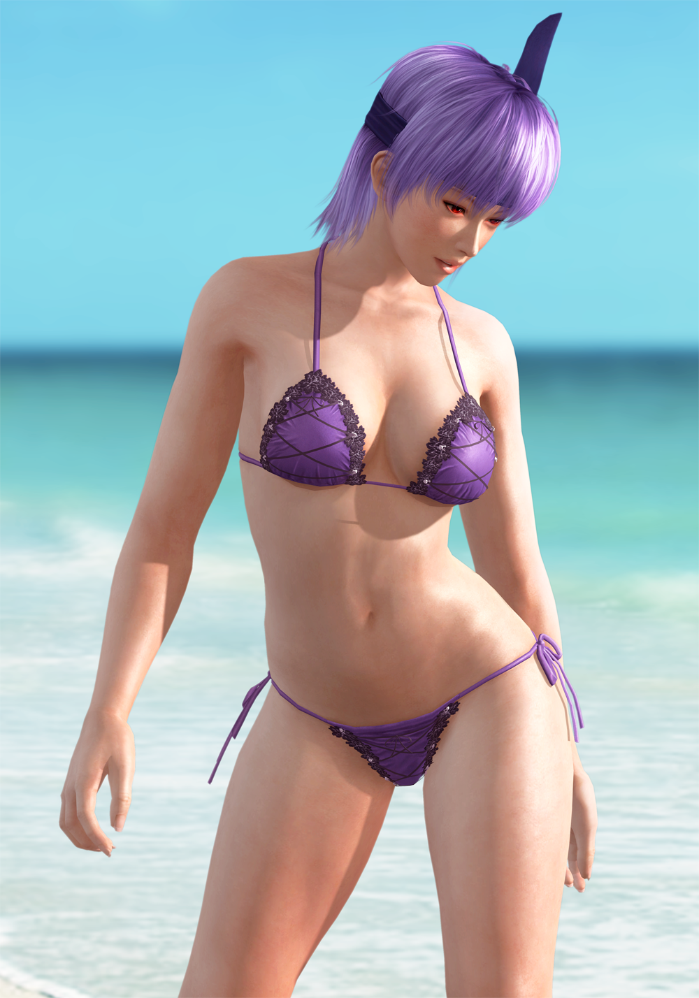1girl 3d ayane_(doa) beach bikini breasts dead_or_alive female headband light-skinned navel ocean purple_hair radianteld short_hair source_filmmaker swimsuit thong underwear