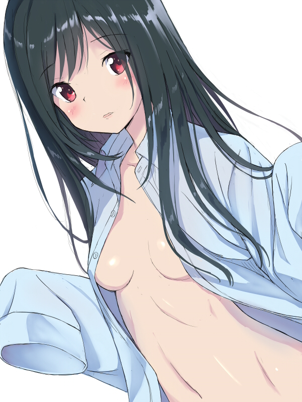 bangs black_hair blue_shirt blush breasts collarbone collared_shirt commentary_request dress_shirt dutch_angle eyebrows_visible_through_hair kimagure_blue long_hair long_sleeves looking_at_viewer medium_breasts naked_shirt open_clothes open_shirt original parted_lips red_eyes shirt simple_background sleeves_past_fingers sleeves_past_wrists solo white_background