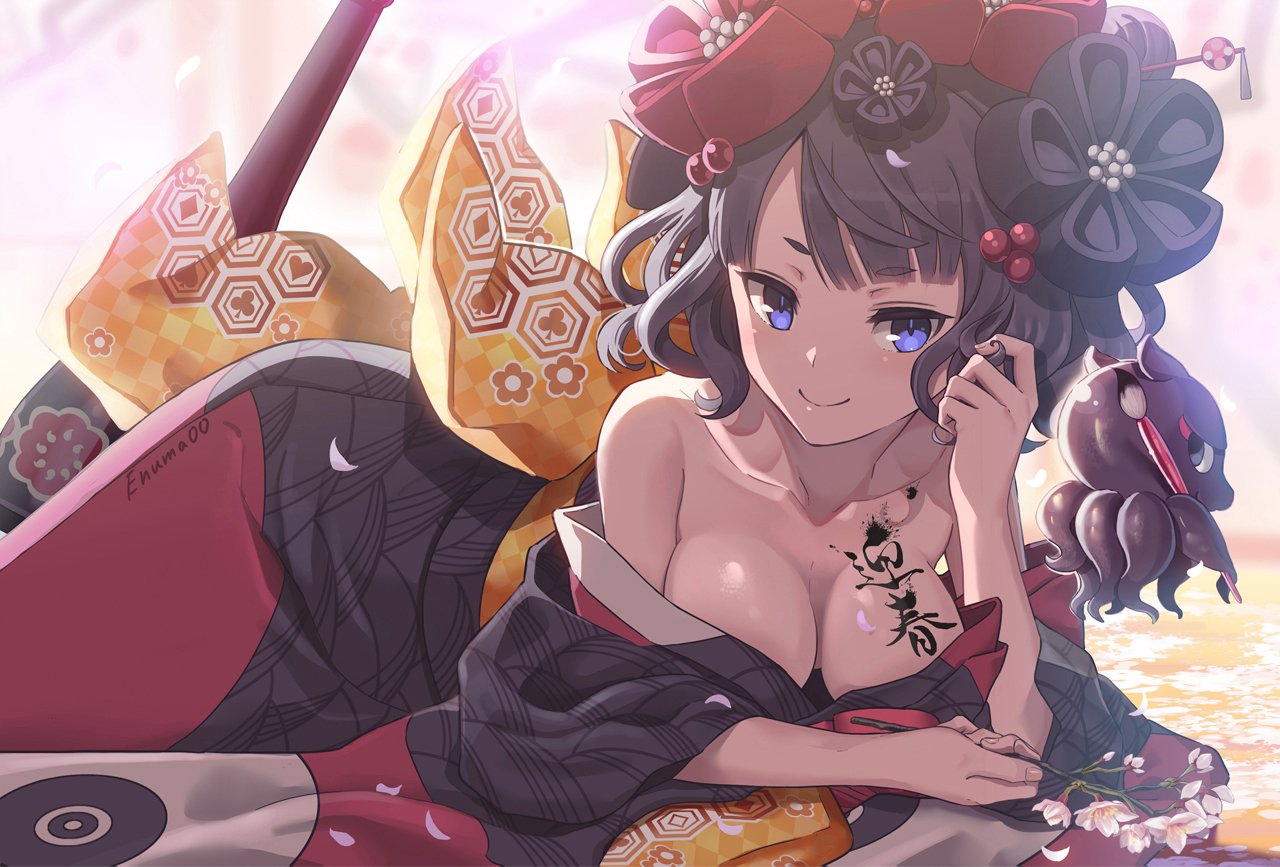 aora bare_shoulders black_hair black_kimono blue_eyes body_writing breasts cleavage collarbone fate/grand_order fate_(series) flower japanese_clothes katsushika_hokusai_(fate/grand_order) kimono long_hair lying medium_breasts octopus on_stomach smile tokitarou_(fate/grand_order)