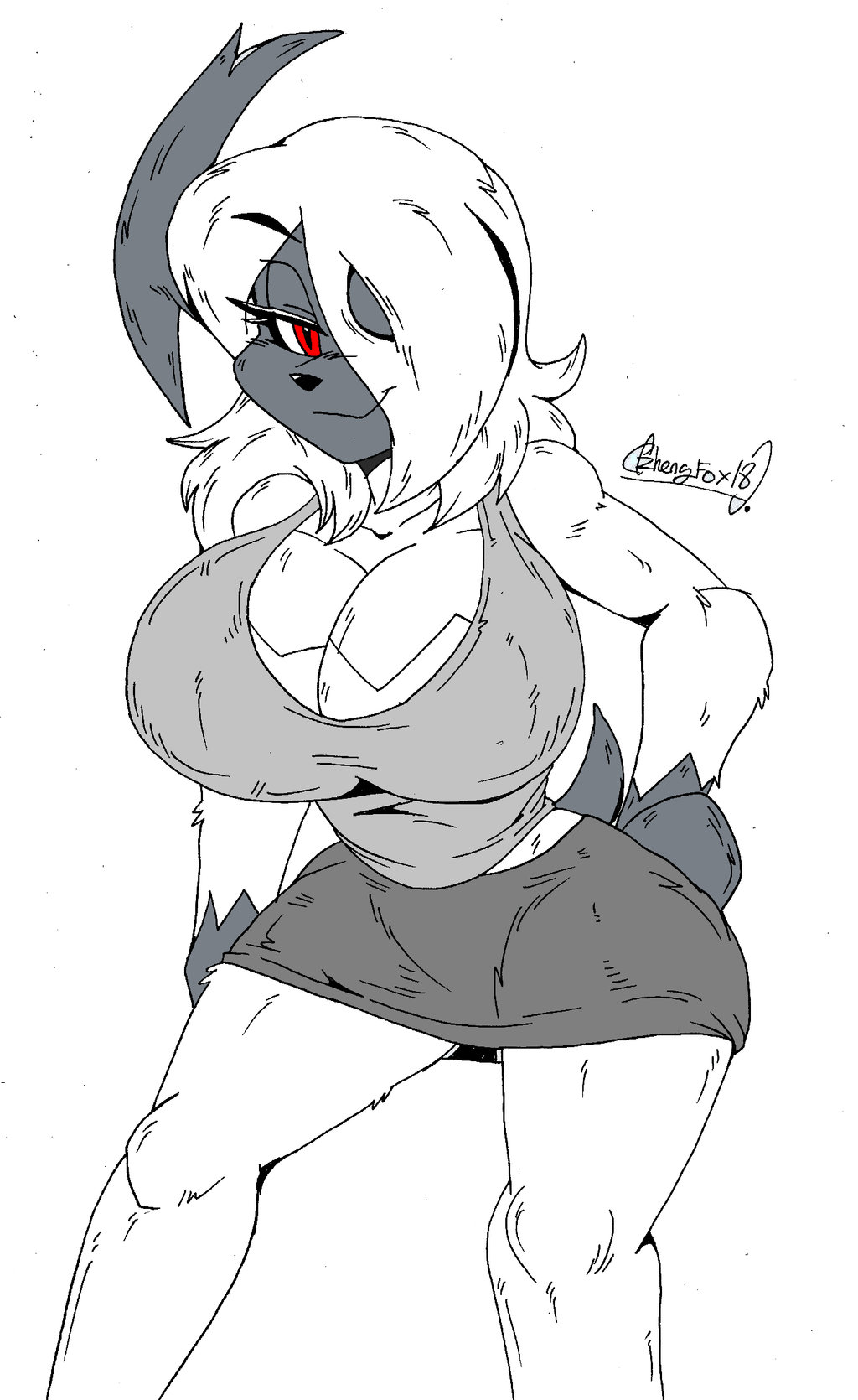 2018 absol akatsukishiranui-fox anthro bedroom_eyes big_breasts breasts cleavage clothed clothing female fur gloves_(marking) grey_fur hair hair_over_eye half-closed_eyes hand_on_hip looking_at_viewer markings multicolored_fur nintendo pok&eacute;mon pok&eacute;mon_(species) red_eyes seductive simple_background smile solo two_tone_fur video_games white_background white_fur white_hair