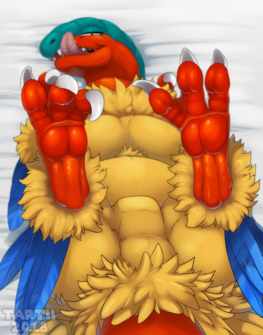 2018 3_toes ambiguous_gender archeops blur_(disambiguation) claws digital_media_(artwork) dinosaur feathers feet feral foot_focus front_view fur half-closed_eyes hindpaw looking_at_viewer lying nintendo nude on_back paws pok&eacute;mon pok&eacute;mon_(species) reptile scalie simple_background soles solo tartii toe_claws toes tongue tongue_out video_games watermark