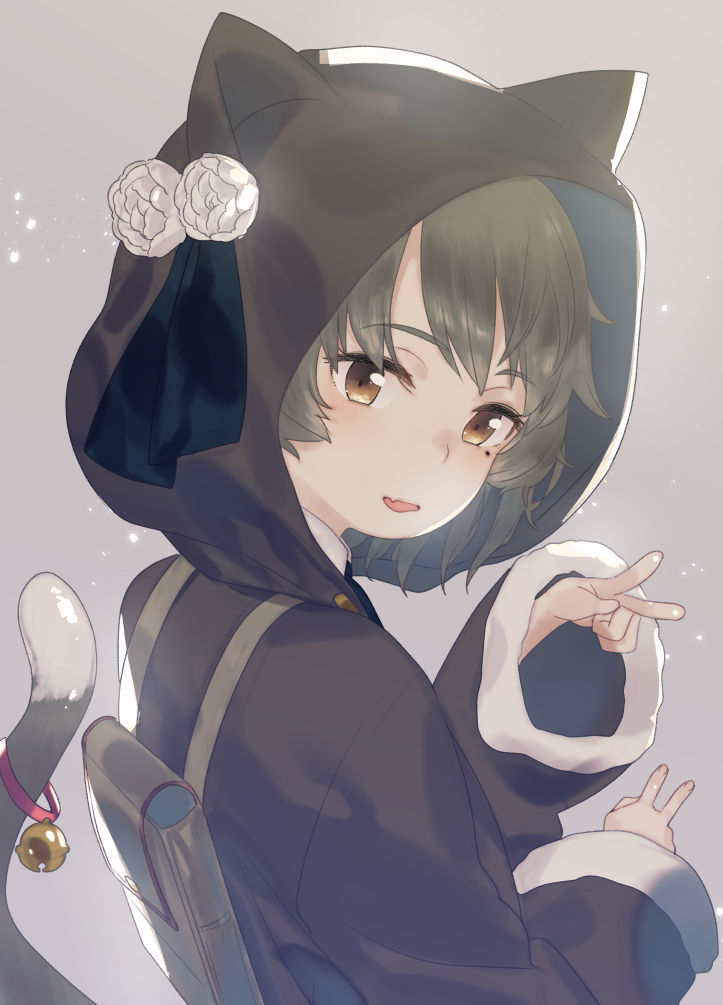 :d animal_ears animal_hood backpack bag bangs bell black_ribbon blush brown_eyes brown_hair brown_jacket cat_ears cat_hood cat_tail double_v eyebrows_visible_through_hair fang fingernails flower fur-trimmed_sleeves fur_trim hatoba_tsugu hatoba_tsugu_(character) head_tilt hood hooded_jacket jacket jingle_bell kemonomimi_mode long_sleeves looking_at_viewer looking_to_the_side mole mole_under_eye open_mouth ribbon smile solo subachi tail tail_bell v virtual_youtuber white_flower wide_sleeves