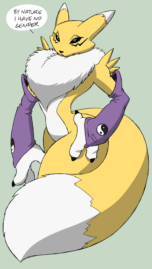 2017 ambiguous_gender anthro armwear black_nose black_sclera bridal_gauntlets canine clothed clothing digimon digital_media_(artwork) fluffy fluffy_tail fur gideon gloves looking_at_viewer mammal mostly_nude multicolored_fur open_mouth purple_armwear purple_clothing renamon simple_background solo thick_thighs tuft two_tone_fur white_fur wide_hips yellow_fur yin_yang