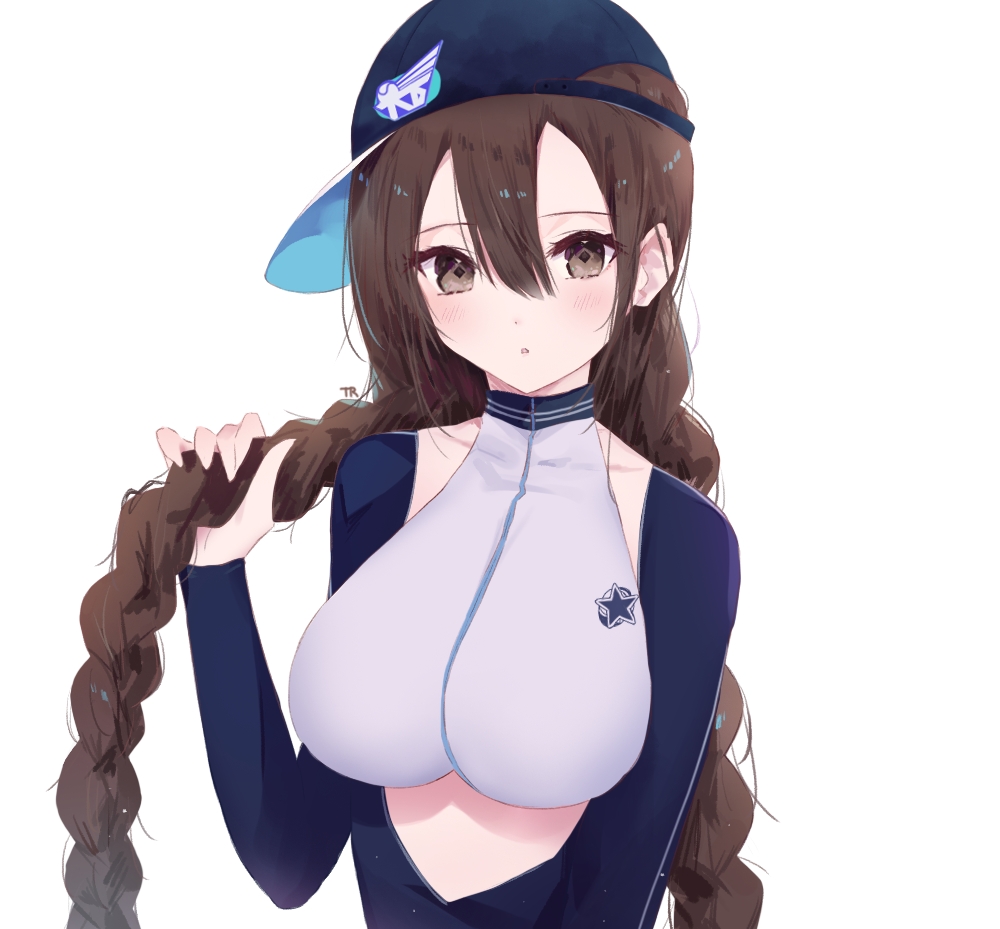 bangs baseball_cap blue_hat blush borrowed_character braid breasts brown_eyes brown_hair commentary_request crop_top hair_between_eyes halter_top halterneck hat large_breasts long_hair looking_at_viewer original parted_lips rash_guard sideways_hat simple_background solo star tr_(hareru) twin_braids upper_body very_long_hair white_background