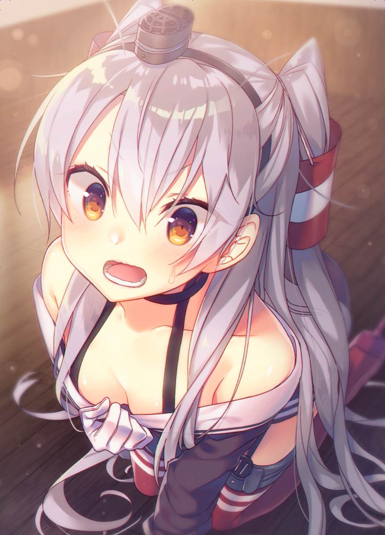all_fours amatsukaze_(kantai_collection) bangs black_choker black_hairband blurry blurry_background blush breasts brown_dress brown_eyes choker cleavage commentary_request detached_sleeves downblouse dress eyebrows_visible_through_hair garter_straps gloves hair_between_eyes hair_tubes hairband hat kantai_collection long_hair looking_at_viewer mini_hat open_mouth red_footwear red_legwear short_dress sidelocks silver_hair small_breasts smokestack solo striped striped_legwear sweat tahya thighhighs two_side_up v-shaped_eyebrows very_long_hair white_gloves windsock wooden_floor