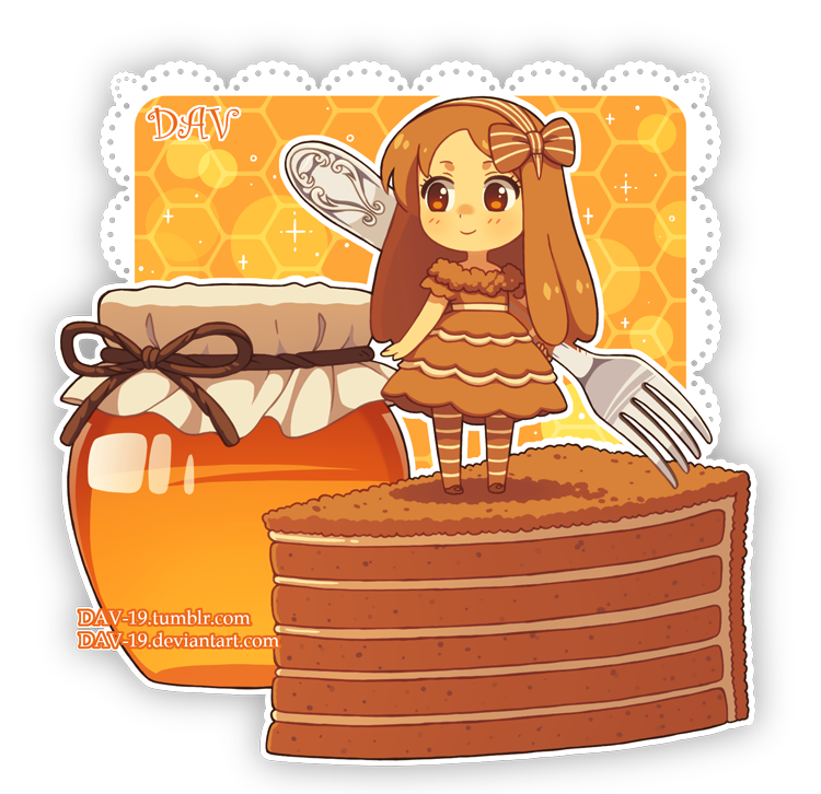artist_name blush bow brown_bow brown_dress brown_eyes brown_footwear brown_hair brown_hairband brown_legwear cake chibi closed_mouth commentary dav-19 dress food fork full_body fur-trimmed_dress hair_bow hairband holding holding_fork honey honeycomb_(pattern) jar lace_background long_hair looking_away looking_to_the_side original pantyhose personification short_sleeves slice_of_cake smile solo standing striped striped_bow striped_hairband striped_legwear transparent_background very_long_hair watermark web_address