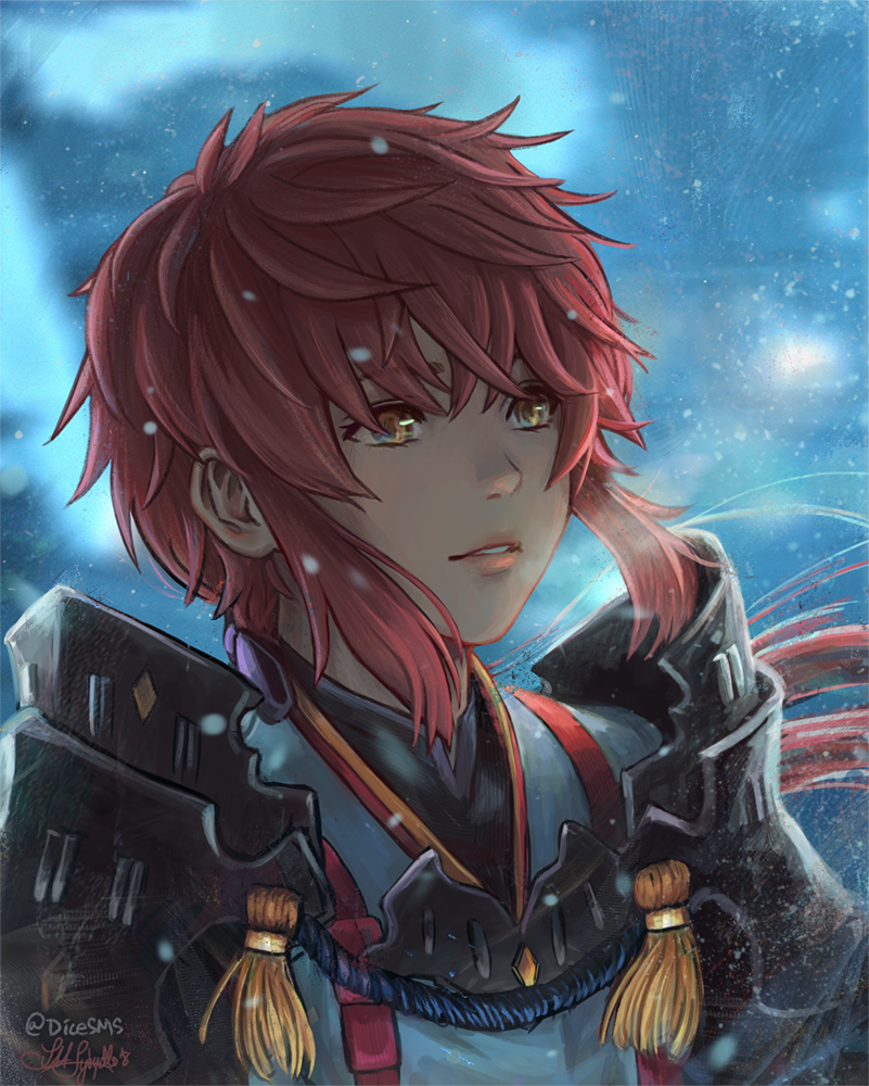 armor blue_background commentary commission lora_(xenoblade_2) parted_lips pauldrons red_hair short_hair signature snow solo stephanie_sybydlo wind xenoblade_(series) xenoblade_2 yellow_eyes