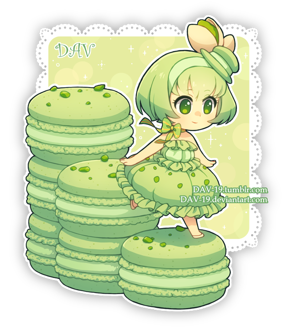 artist_name bare_arms bare_shoulders bow chibi closed_mouth commentary dav-19 dress food food_themed_hair_ornament frilled_dress frills full_body green green_bow green_dress green_eyes green_hair green_hairband hair_ornament hairband lace_background looking_away macaron original personification pistachio puffy_dress short_hair smile solo standing standing_on_one_leg strapless strapless_dress striped striped_bow transparent_background watermark web_address white_footwear