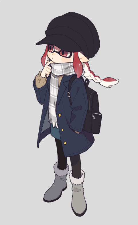 alternate_color_school_swimsuit ankle_boots bag black_hat blue_coat blue_skirt bookbag boots braid cabbie_hat casual closed_mouth commentary_request domino_mask fringe_trim full_body fur-trimmed_boots fur_trim gomi_(kaiwaresan44) grey_background grey_footwear hand_in_pocket hat inkling long_hair long_sleeves looking_to_the_side mask miniskirt pantyhose pointy_ears red_eyes red_hair scarf school_swimsuit sidelocks simple_background single_braid skirt solo splatoon_(series) splatoon_2 standing striped striped_scarf swimsuit tentacle_hair