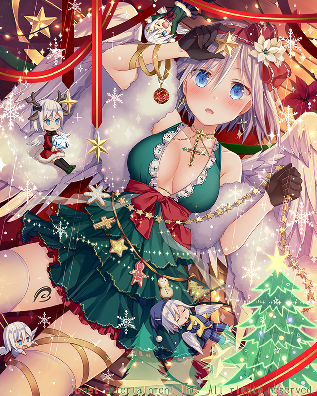 angel_wings black_gloves blue_eyes blush bow breasts christmas cleavage collarbone cross cross_necklace dress eyebrows_visible_through_hair falkyrie_no_monshou gloves green_dress hair_bow jewelry large_breasts looking_at_viewer natsumekinoko necklace official_art parted_lips red_bow short_hair silver_hair solo star thighhighs wings