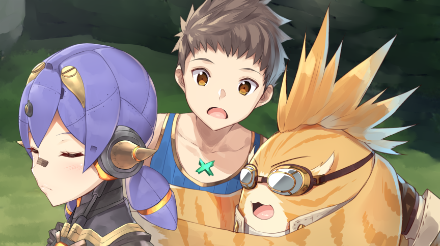 2boys android bandaid bandaid_on_nose blonde_hair blue_tank_top blush brown_eyes brown_hair closed_eyes collarbone creature gem goggles grass hana_(xenoblade) long_hair low_twintails maintenance multiple_boys open_mouth outdoors purple_hair rex_(xenoblade_2) robot_joints sleeveless tank_top tora_(xenoblade) twintails upper_body v-shaped_eyebrows xenoblade_(series) xenoblade_2 yappen