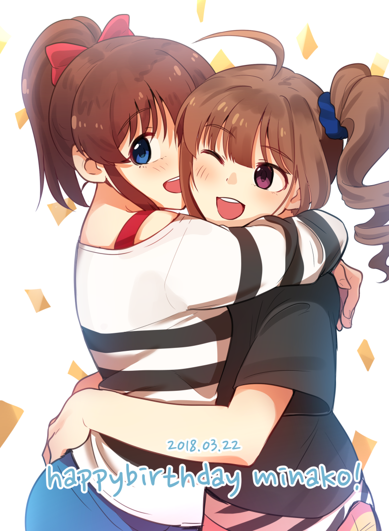 ahoge blue_eyes blush bow bra_strap brown_hair dated drill_hair eyebrows_visible_through_hair hair_bow happy_birthday hug idolmaster idolmaster_million_live! kamille_(vcx68) long_sleeves looking_at_another looking_at_viewer multiple_girls one_eye_closed open_mouth purple_eyes red_bow satake_minako short_hair short_ponytail short_sleeves side_drill side_ponytail smile yokoyama_nao