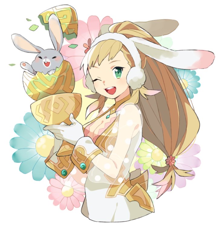 ;d alternate_costume animal_ears blonde_hair breasts bunny bunny_ears cleavage cleavage_cutout cup easter_egg egg fake_animal_ears fire_emblem fire_emblem_heroes flower gloves green_eyes holding long_hair medium_breasts one_eye_closed open_mouth pekaso1118n see-through sharena smile solo white_gloves