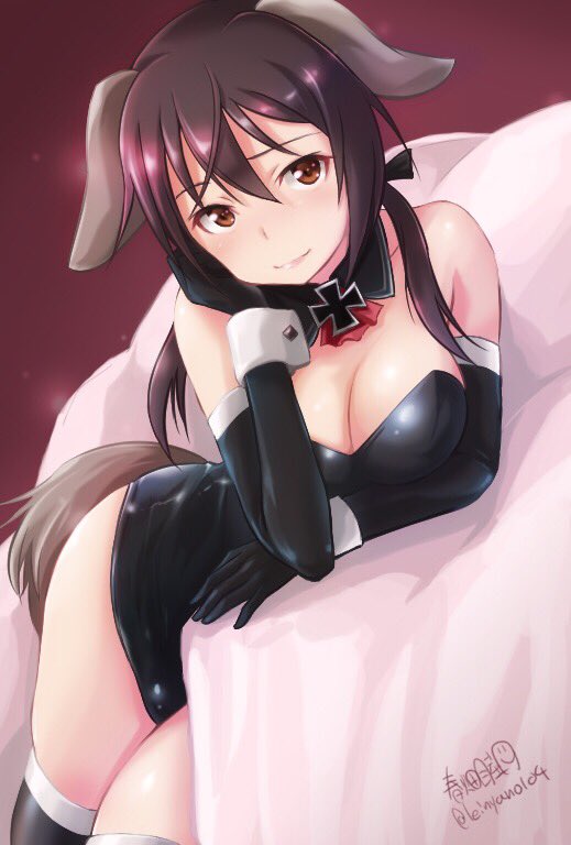animal_ears artist_name bangs black_gloves black_legwear black_leotard black_ribbon breasts brown_eyes brown_hair chin_rest cleavage closed_mouth commentary_request detached_collar dog_ears dog_tail elbow_gloves gertrud_barkhorn gloves hair_ribbon haruhata_mutsuki iron_cross leotard long_hair looking_at_viewer lying medium_breasts on_stomach pillow ribbon signature skindentation smile solo strapless strapless_leotard strike_witches tail thighhighs twintails twitter_username world_witches_series wrist_cuffs