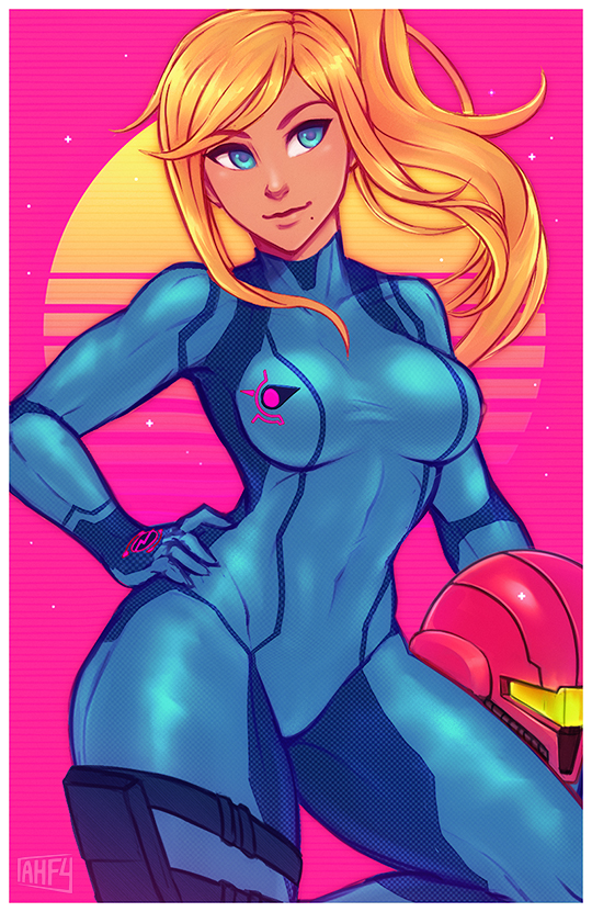 blonde_hair blue_bodysuit blue_eyes bodysuit breasts covered_navel hand_on_hip headwear_removed helmet helmet_removed holster iahfy long_hair medium_breasts metroid mole mole_under_mouth pink_background ponytail samus_aran skin_tight solo thigh_holster zero_suit
