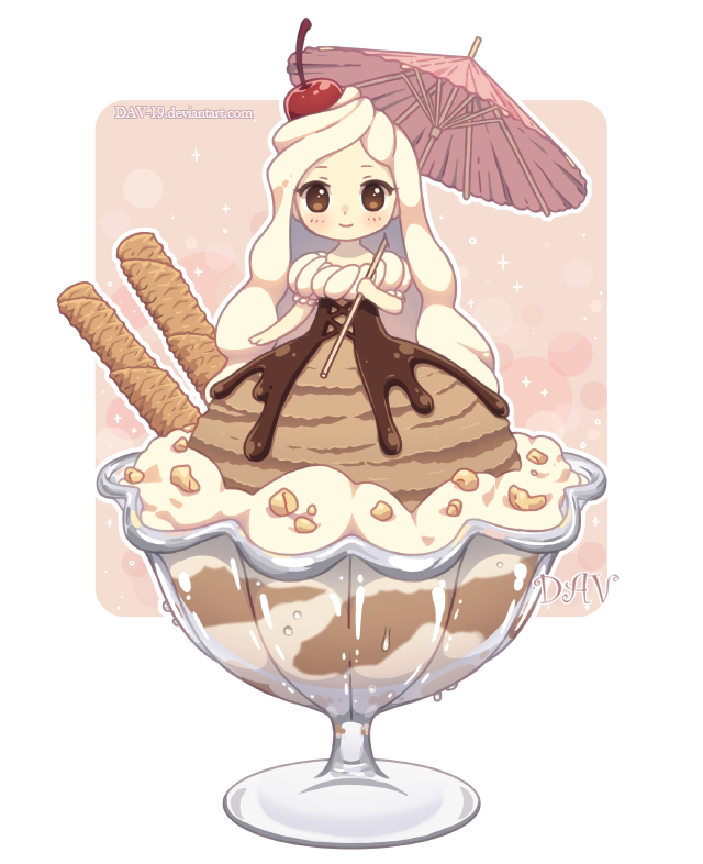 artist_name bangs blush brown_dress brown_eyes cherry chibi chocolate closed_mouth dav-19 dress food food_themed_clothes fruit holding holding_umbrella ice_cream in_food lace_background long_hair original personification pink_umbrella puffy_short_sleeves puffy_sleeves short_sleeves smile solo transparent_background umbrella very_long_hair wafer_stick watermark web_address white_hair
