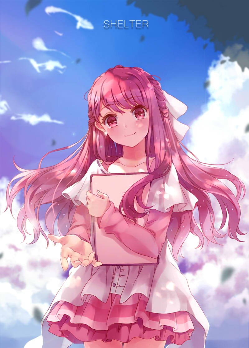 blue_sky bow brown_hair cloud commentary_request cowboy_shot day dress eyebrows_visible_through_hair hair_bow hair_ribbon half_updo long_hair looking_at_viewer outdoors outstretched_arm pink_eyes pink_hair ribbon rin_(shelter) shelter_(music_video) sky smile solo standing tablet tot_(zhxto)