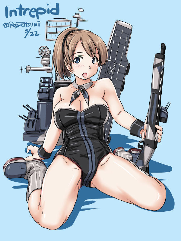 :o adapted_costume arm_support artist_name ass_visible_through_thighs bangs bare_arms bare_shoulders black_leotard blue_background blue_eyes blush breasts brown_hair character_name cleavage dated detached_collar eyebrows_visible_through_hair flight_deck full_body grey_footwear gun holding holding_gun holding_weapon intrepid_(kantai_collection) kantai_collection kneeling large_breasts leaning_back leotard looking_at_viewer open_mouth playboy_bunny_leotard ponytail rigging shadow shiny shiny_skin short_hair simple_background sitting solo strapless strapless_leotard tatsumi_ray thighs turret twitter_username wariza weapon wrist_cuffs