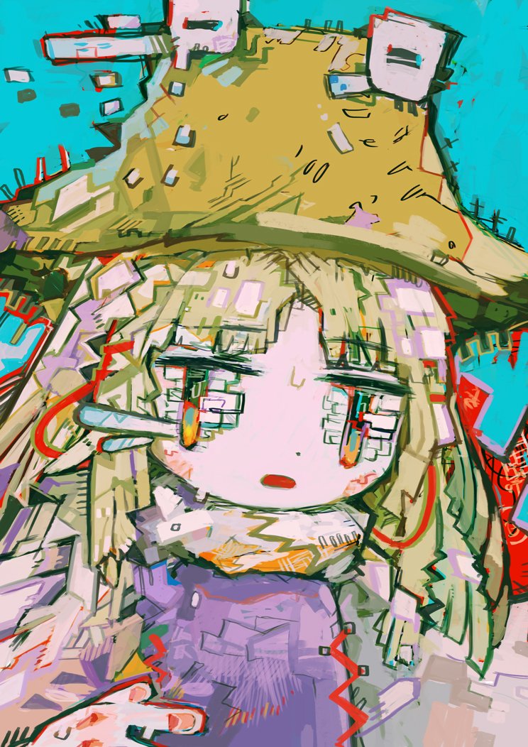 abstract bangs blonde_hair colorful eyes_visible_through_hair hat hito_(nito563) long_hair looking_at_viewer moriya_suwako multicolored multicolored_eyes open_mouth parted_bangs purple_vest shirt solo touhou turtleneck vest white_shirt
