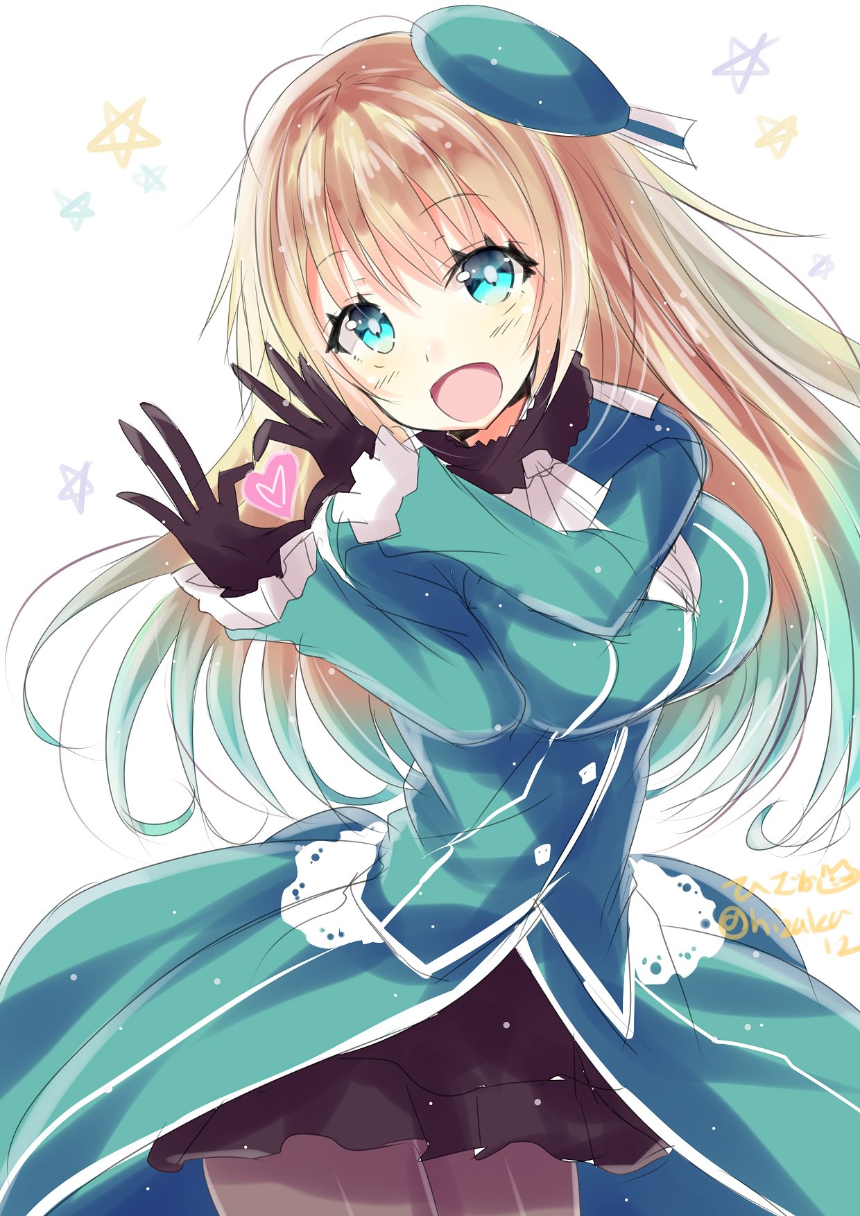 atago_(kantai_collection) black_gloves blonde_hair blue_eyes blue_jacket blush breasts dress eyebrows_visible_through_hair gloves hair_between_eyes heart heart_hands highres hizaka jacket kantai_collection large_breasts long_dress long_hair long_sleeves looking_at_viewer neckerchief open_mouth pantyhose simple_background smile solo white_background