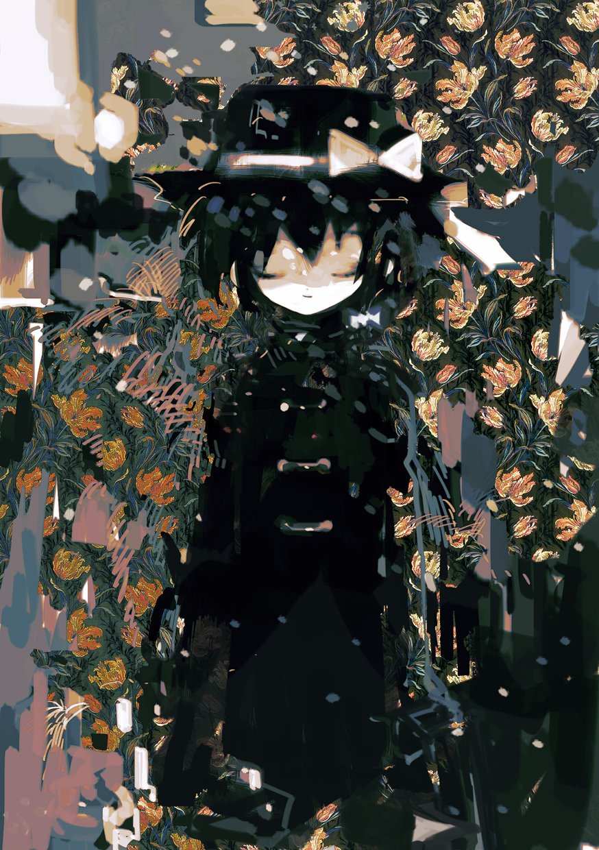 abstract anabone black_hair black_hat bow closed_eyes flower hat hat_bow hat_ribbon highres leaf ribbon short_hair smile solo touhou usami_renko white_bow