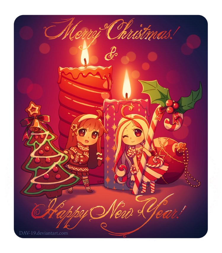:d ;) ahoge artist_name bell blush brown_eyes brown_hair brown_legwear brown_skirt brown_sweater candle candlelight candy candy_cane chibi christmas_ornaments closed_mouth cookie dav-19 diagonal_stripes dress food food_themed_clothes gingerbread_cookie hair_ornament hairband happy_new_year holding holding_food holly lace_background leaning_to_the_side long_hair merry_christmas multicolored_hair multiple_girls new_year no_shoes one_eye_closed open_mouth original pantyhose personification pleated_skirt red_eyes red_hair skirt smile standing star star_hair_ornament striped striped_legwear sweater thighhighs transparent_background vertical-striped_dress vertical_stripes very_long_hair watermark web_address white_hair white_hairband