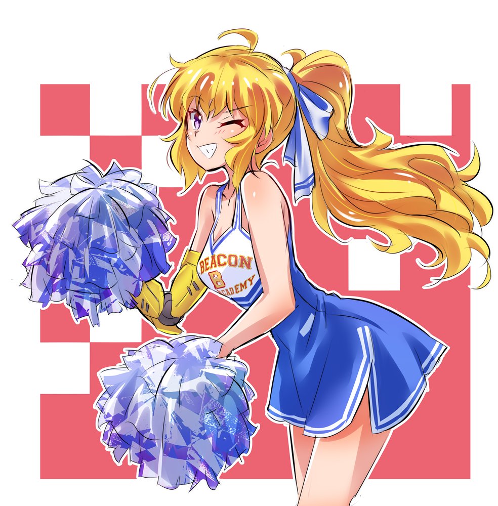 ahoge blonde_hair cheerleader commentary_request grin hair_ribbon iesupa long_hair one_eye_closed pom_poms prosthesis prosthetic_arm purple_eyes ribbon rwby smile solo tied_hair yang_xiao_long