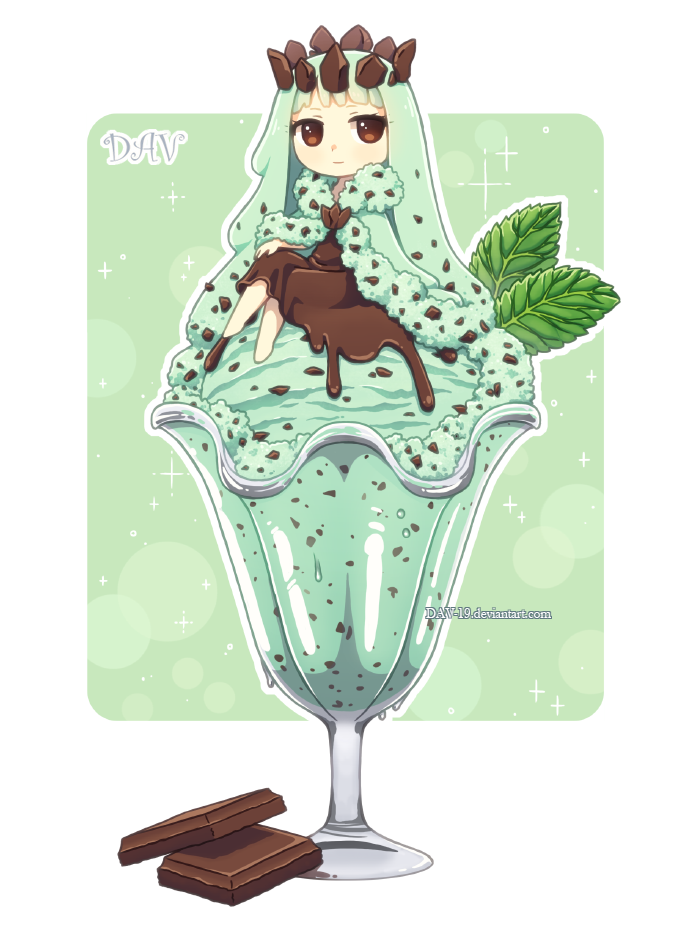 artist_name bangs barefoot brown_dress brown_eyes chibi chocolate cloak closed_mouth crossed_legs crown dav-19 dress food food_themed_clothes fur-trimmed_cloak fur_trim glass green_cloak green_hair ice_cream in_food lace_background leaf long_hair melting mint original personification sitting smile solo transparent_background very_long_hair watermark web_address