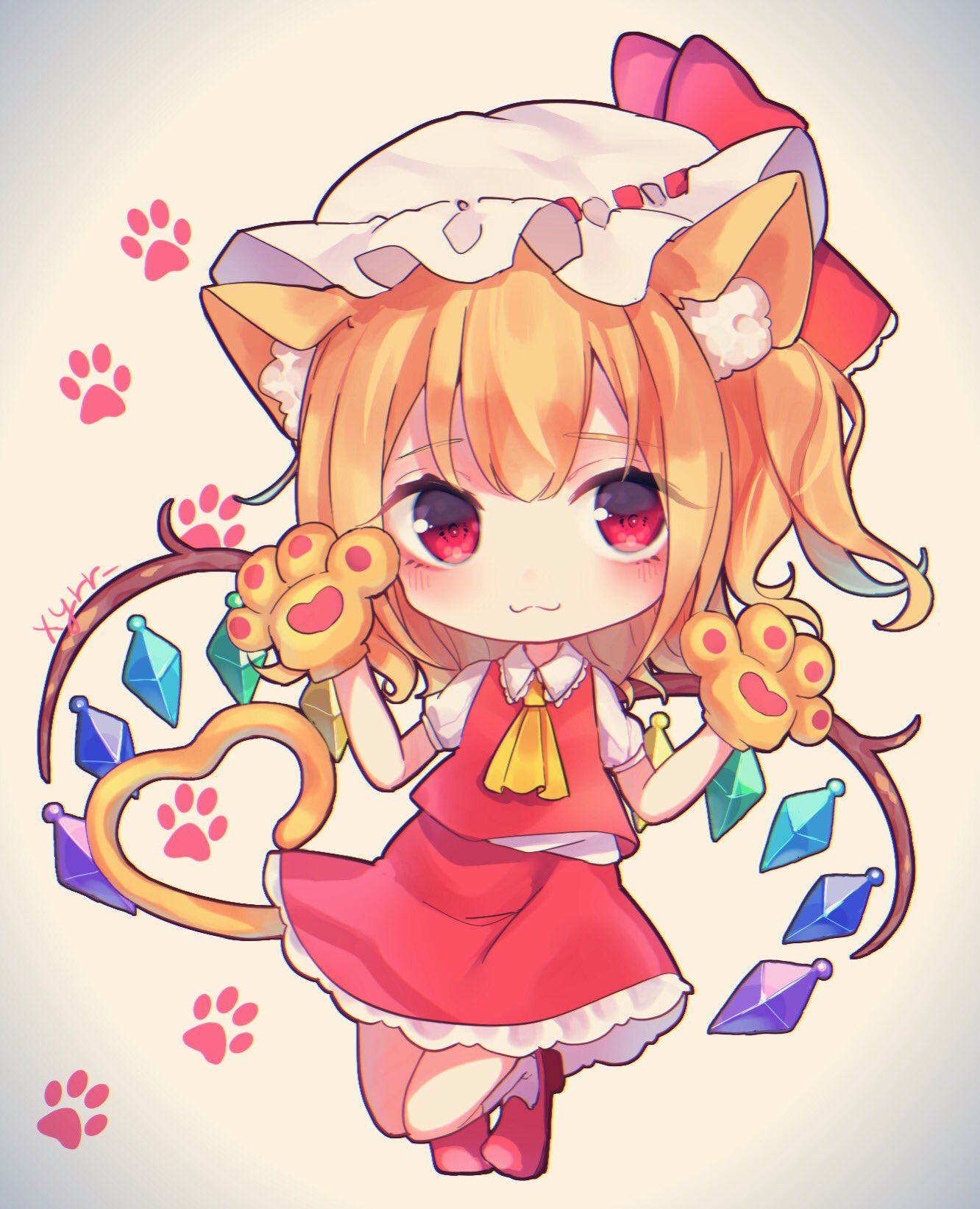 :3 animal_ears ascot blonde_hair cat_ears cat_tail collared_shirt commentary_request eyebrows_visible_through_hair eyes_visible_through_hair flandre_scarlet frilled_shirt_collar frilled_skirt frills full_body gem gloves gradient gradient_background hair_ribbon hands_up hat hat_ribbon highres hoshino_yura kemonomimi_mode light_blush looking_at_viewer medium_hair mob_cap one_side_up paw_background paw_gloves paw_print paws petticoat puffy_short_sleeves puffy_sleeves red_eyes red_footwear red_ribbon red_skirt red_vest ribbon shirt short_sleeves skirt socks solo tail thick_eyebrows touhou twitter_username vest white_legwear white_shirt wings yellow_neckwear