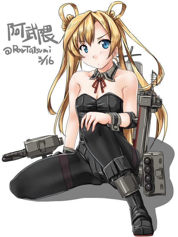 abukuma_(kantai_collection) adapted_costume black_footwear black_legwear black_leotard blonde_hair blue_eyes boots character_name dated detached_collar double_bun full_body hair_rings kantai_collection leotard long_hair looking_at_viewer machinery neck_ribbon pantyhose playboy_bunny_leotard red_ribbon remodel_(kantai_collection) ribbon rigging shadow simple_background sitting solo strapless strapless_leotard tatsumi_ray torpedo white_background wrist_cuffs