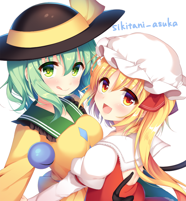 :d :p asymmetrical_docking back_cutout black_hat blonde_hair blouse blush breast_press breasts closed_mouth collar collared_blouse commentary_request diamond_(shape) eyebrows_visible_through_hair eyes_visible_through_hair flandre_scarlet frilled_collar frills gradient_eyes green_eyes green_hair hair_ribbon hat hat_ribbon juliet_sleeves komeiji_koishi limited_palette long_sleeves looking_at_viewer medium_hair mob_cap multicolored multicolored_eyes multiple_girls open_mouth puffy_sleeves red_ribbon red_shirt ribbon ribbon-trimmed_sleeves ribbon_trim shikitani_asuka shirt side_ponytail simple_background small_breasts smile third_eye tongue tongue_out tongue_up touhou twitter_username upper_body v-neck white_background wings yellow_blouse yellow_eyes yellow_ribbon