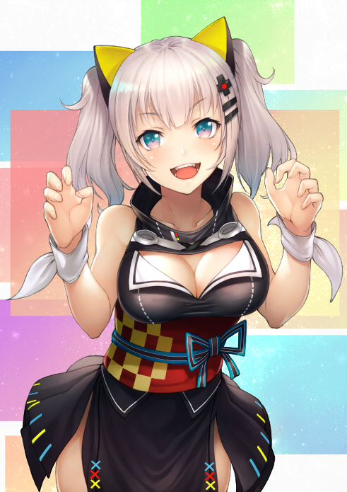 :d animal_ears bangs banned_artist bare_arms bare_shoulders black_dress blue_eyes blunt_bangs blush breasts cat_ears checkered claws cleavage cleavage_cutout collarbone cowboy_shot dress eyebrows_visible_through_hair fake_animal_ears hair_ornament hairclip kaguya_luna kaguya_luna_(character) kyoeiki long_hair looking_at_viewer medium_breasts multicolored multicolored_background open_mouth pink_eyes sash shiny shiny_hair short_twintails side_slit sleeveless sleeveless_dress smile solo standing sweatband tareme twintails upper_teeth virtual_youtuber w_arms