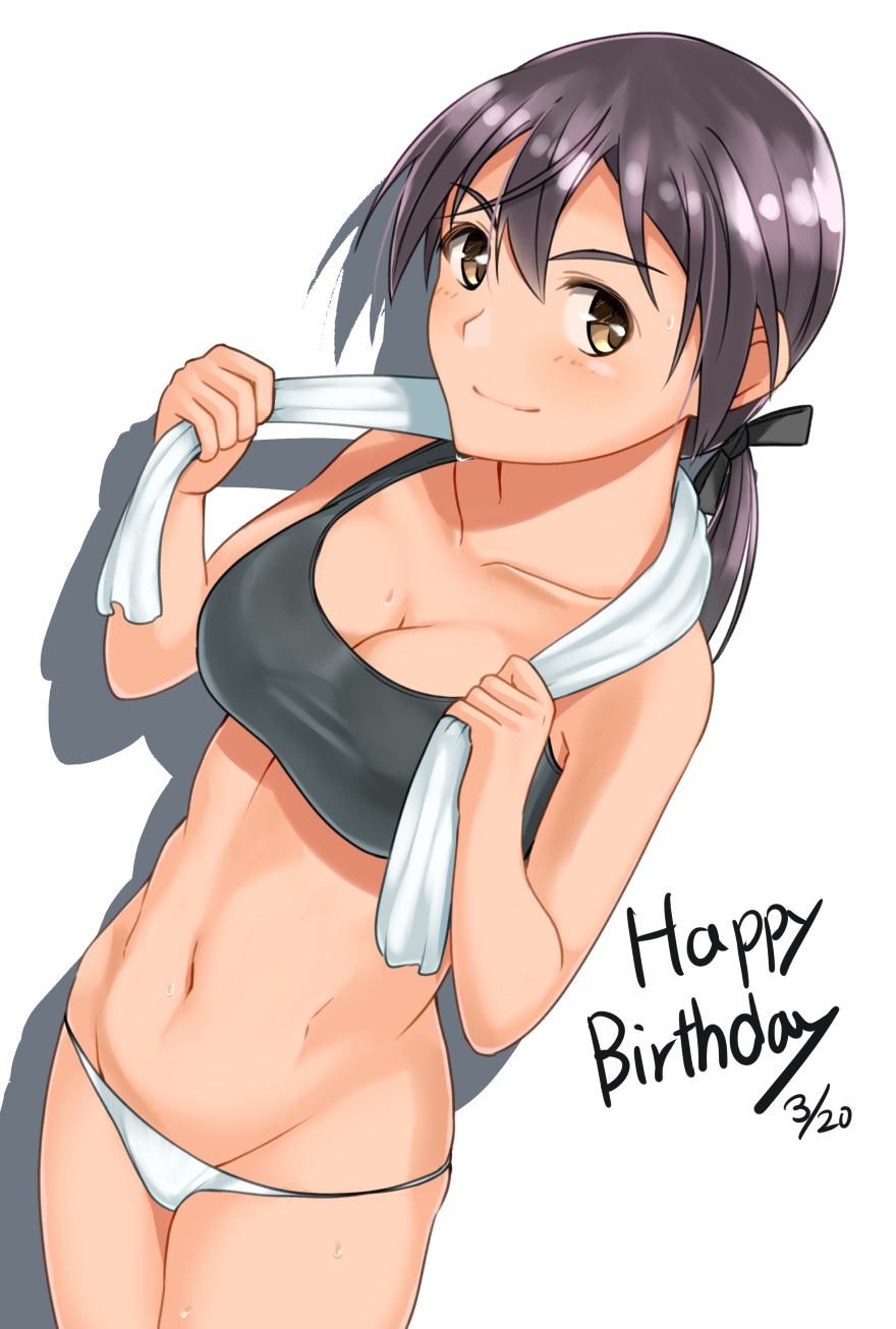 black_hair blush breasts brown_eyes cleavage gertrud_barkhorn groin hair_ornament hair_ribbon highres hiroshi_(hunter-of-kct) looking_at_viewer medium_breasts midriff navel panties ribbon simple_background smile solo sports_bra strike_witches sweat underwear white_background white_panties world_witches_series