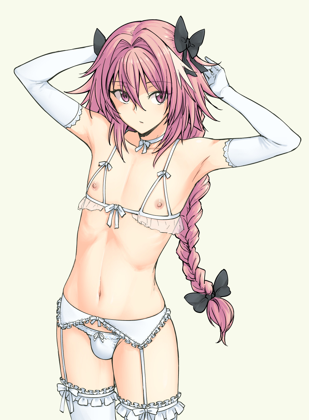 armpits arms_behind_head arms_up astolfo_(fate) bangs bare_shoulders beige_background bikini_top black_bow black_ribbon bow bow_panties braid breastless_clothes bulge choker closed_mouth collarbone commentary cowboy_shot elbow_gloves expressionless eyebrows_visible_through_hair eyes_visible_through_hair fate/apocrypha fate_(series) frills garter_belt garters gloves hair_between_eyes hair_bow hair_intakes hair_ribbon hands_up highres lingerie long_hair looking_at_viewer male_focus multicolored_hair navel nippleless_clothes nipples otoko_no_ko panties pas_(paxiti) pink_eyes pink_hair ribbon ribbon_choker see-through shiny shiny_hair simple_background single_braid solo standing stomach streaked_hair thighhighs two-tone_hair underwear underwear_only very_long_hair white_bikini_top white_choker white_gloves white_hair white_legwear white_panties white_ribbon yellow_background