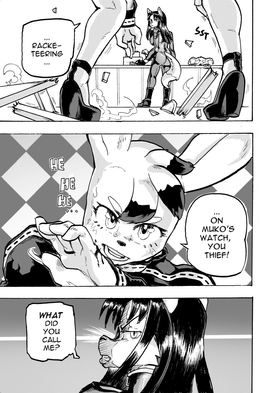 2018 anthro breasts canine clothed clothing comic daigaijin dialogue duo english_text female footwear fox fur furryfight_chronicles hair high_heels kalita_(furryfight_chronicles) lagomorph looking_back mammal monochrome muko rabbit shoes side_boob text