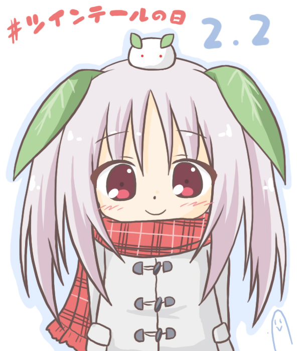 arms_behind_back bangs blue_outline blush closed_mouth eyebrows_visible_through_hair grey_coat hair_between_eyes hashtag leaf long_hair long_sleeves original outline plaid plaid_scarf red_eyes red_scarf rinechun scarf sidelocks smile snow_bunny solo translation_request twintails white_background