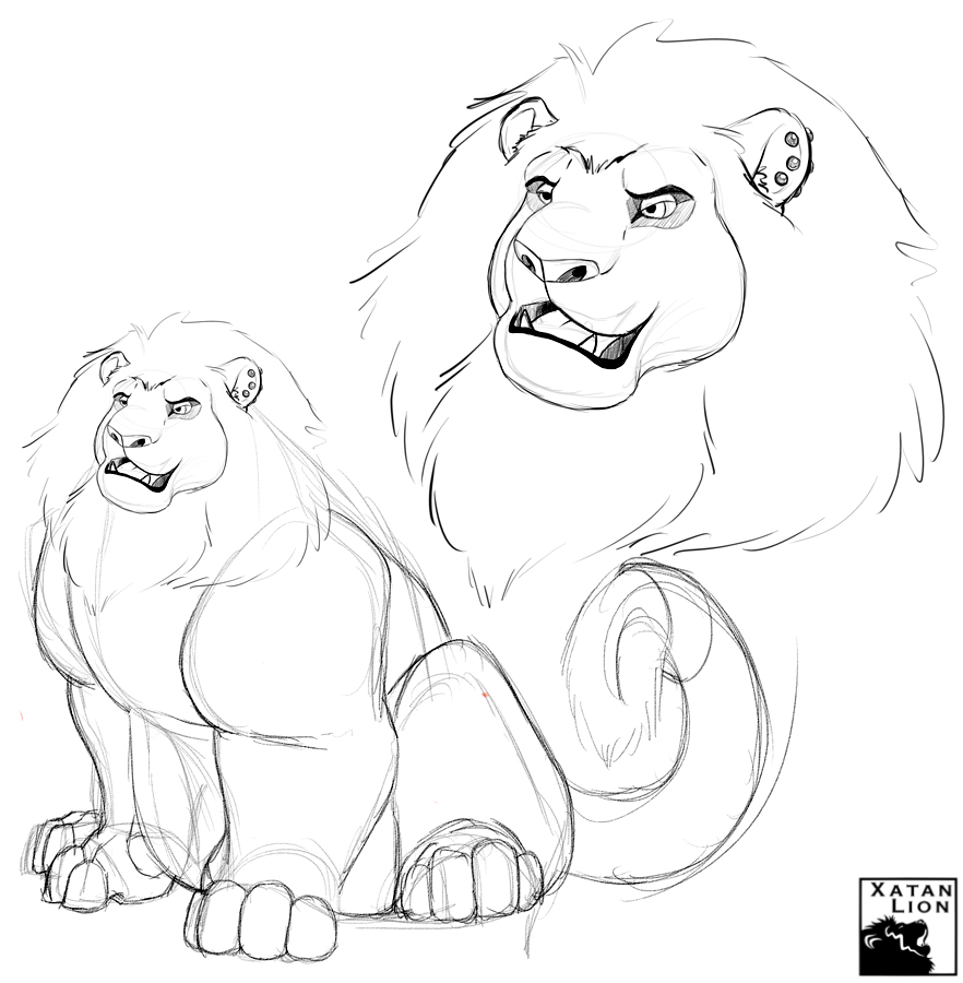 ear_piercing feline feral lion looking_at_viewer male mammal open_mouth piercing sketch slightly_chubby smile thick_legs xatan xatanlion