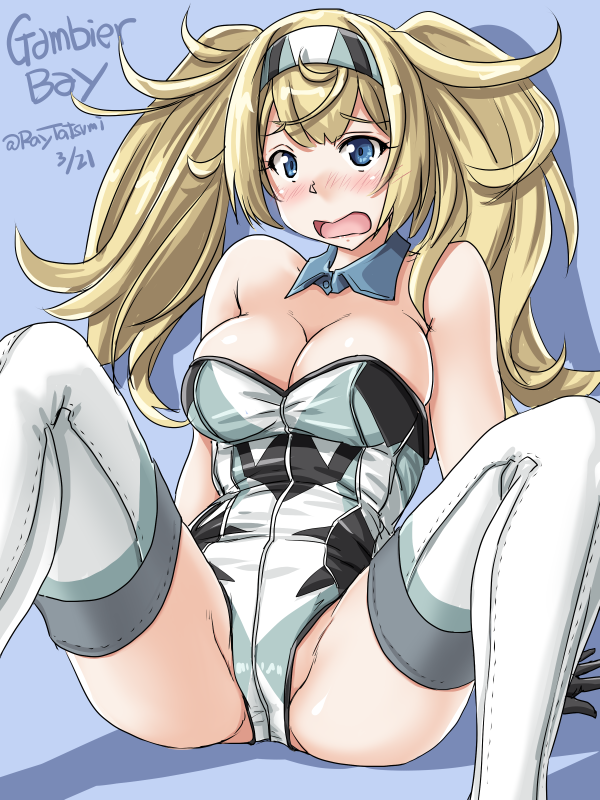 adapted_costume arm_support bare_shoulders black_gloves blue_background blue_eyes blush breasts character_name cleavage dated detached_collar embarrassed feet_out_of_frame gambier_bay_(kantai_collection) gloves groin hairband kantai_collection large_breasts leaning_back leotard long_hair nose_blush partially_visible_vulva playboy_bunny_leotard simple_background sitting solo spread_legs strapless strapless_leotard tareme tatsumi_ray thighhighs thighs twintails twitter_username white_legwear white_leotard