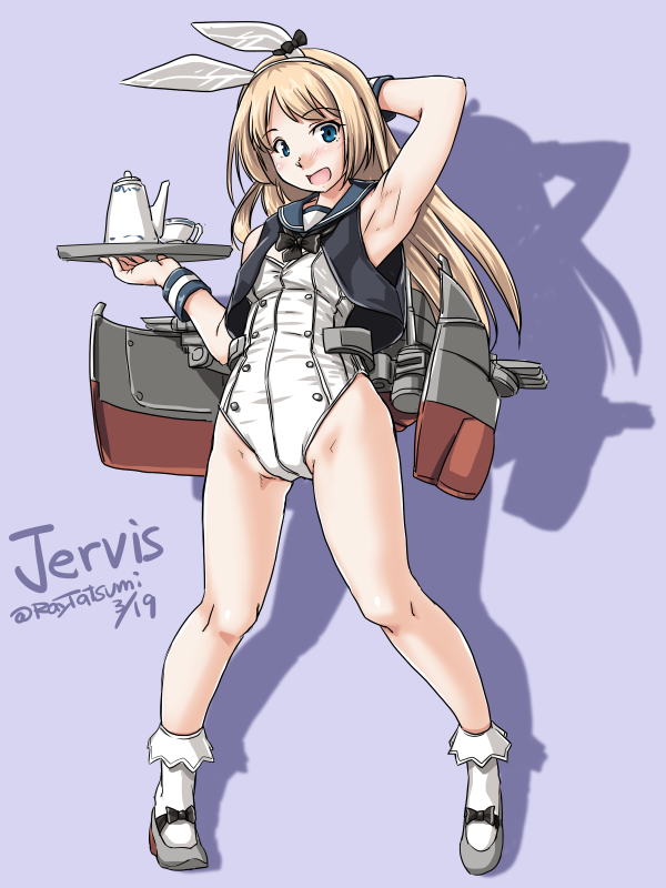 :d animal_ears arm_up armpits black_bow black_vest blonde_hair blue_eyes blue_sailor_collar blush bow bunny_ears bunnysuit character_name cup dated eyebrows_visible_through_hair fake_animal_ears grey_footwear holding holding_tray jervis_(kantai_collection) kantai_collection legs_apart leotard long_hair looking_at_viewer mary_janes nose_blush open_clothes open_mouth open_vest purple_background rigging sailor_collar shadow shoes simple_background sleeveless smile socks solo straight_hair tareme tatsumi_ray teacup teapot tray twitter_username vest white_legwear white_leotard wrist_cuffs
